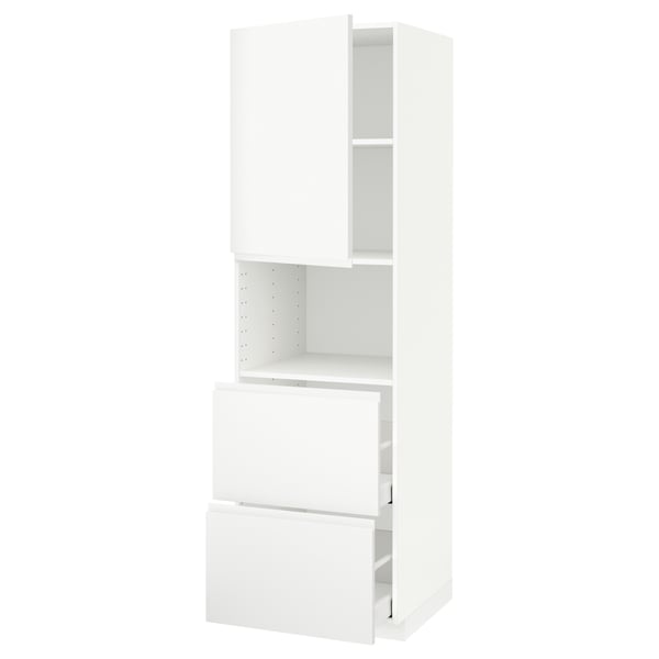 METOD / MAXIMERA hi cab f micro w door/2 drawers, white/Voxtorp matt white, 60x60x200 cm