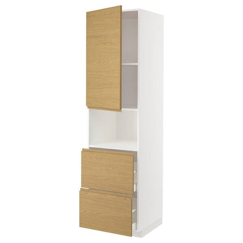 METOD / MAXIMERA hi cab f micro w door/2 drawers, white/Voxtorp oak effect, 60x60x220 cm