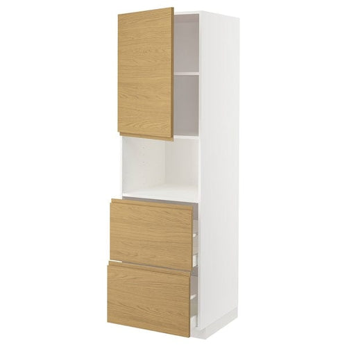 METOD / MAXIMERA hi cab f micro w door/2 drawers, white/Voxtorp oak effect, 60x60x200 cm