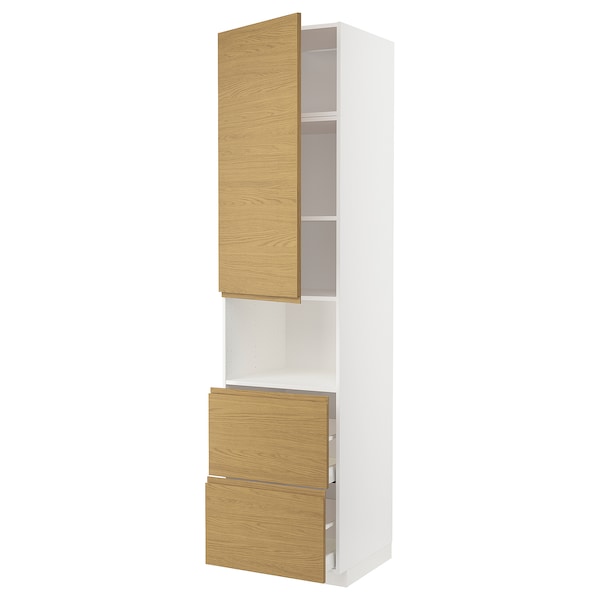 METOD / MAXIMERA - Tall cabinet micro/anta/2drawers, white/Voxtorp oak effect,60x60x240 cm