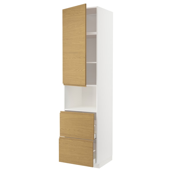 METOD / MAXIMERA - Hi cab f micro w door/2 drawers, white/Voxtorp oak effect, 60x60x240 cm