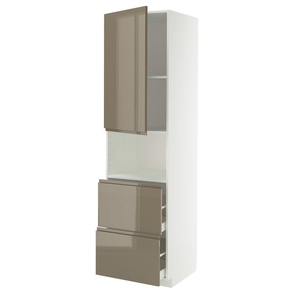 METOD / MAXIMERA hi cab f micro w door/2 drawers, white/Voxtorp high-gloss dark grey-brown, 60x60x220 cm