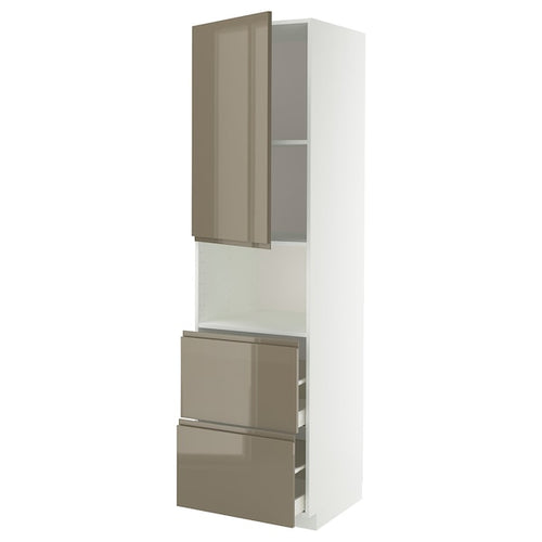 METOD / MAXIMERA hi cab f micro w door/2 drawers, white/Voxtorp high-gloss dark grey-brown, 60x60x220 cm