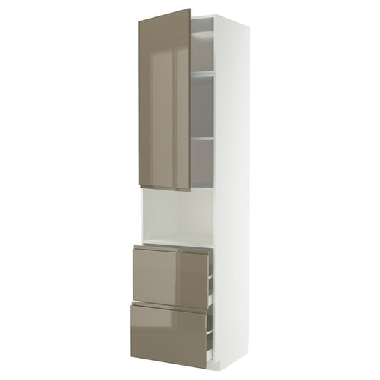 METOD / MAXIMERA - Hi cab f micro w door/2 drawers, white/Voxtorp high-gloss dark grey-brown, 60x60x240 cm