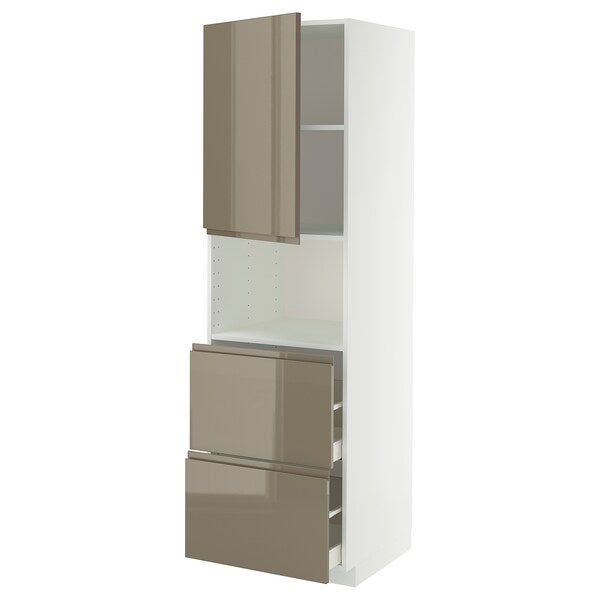 METOD / MAXIMERA hi cab f micro w door/2 drawers, white/Voxtorp high-gloss dark grey-brown, 60x60x200 cm