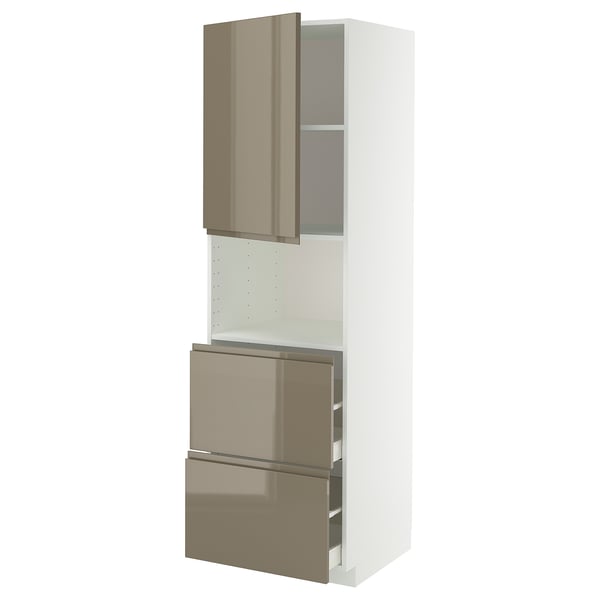 METOD / MAXIMERA hi cab f micro w door/2 drawers, white/Voxtorp high-gloss dark grey-brown, 60x60x200 cm