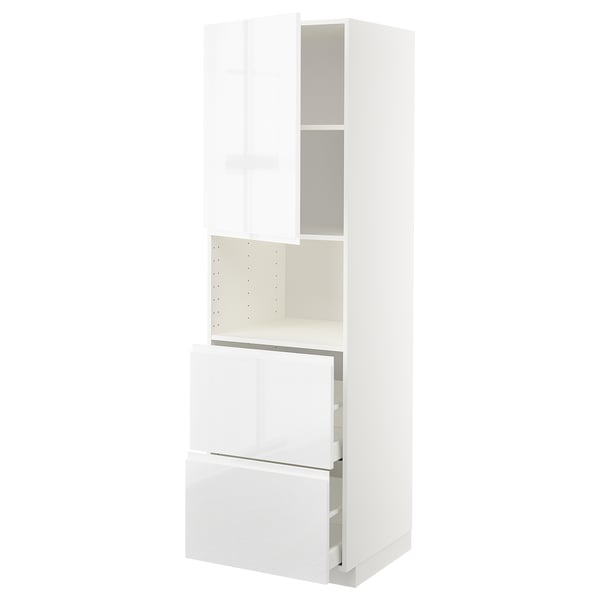 METOD / MAXIMERA hi cab f micro w door/2 drawers, white/Voxtorp high-gloss/white, 60x60x200 cm