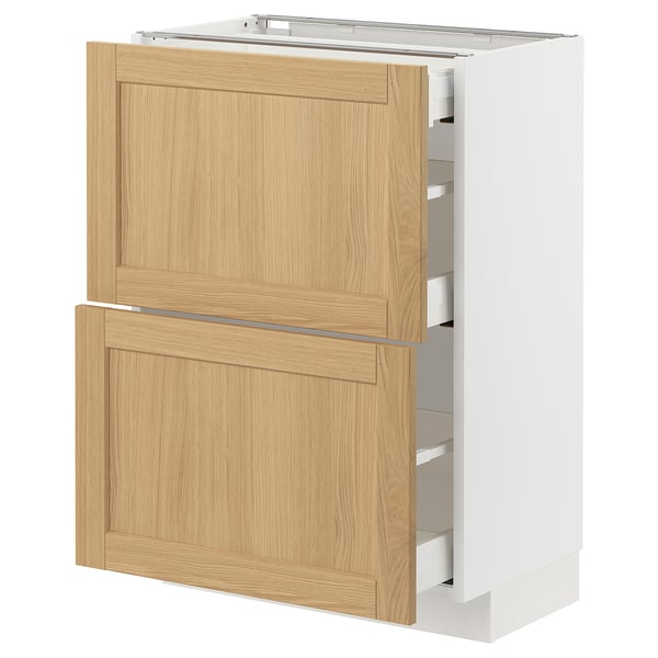 METOD / MAXIMERA base cab with 2 fronts/3 drawers, white/Forsbacka oak, 60x37 cm