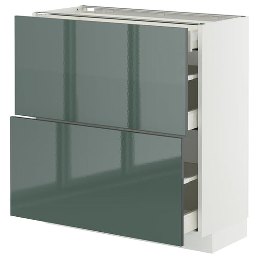 METOD / MAXIMERA base cab with 2 fronts/3 drawers, white/Kallarp high-gloss dark grey-green, 80x37 cm