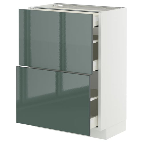 METOD / MAXIMERA base cab with 2 fronts/3 drawers, white/Kallarp high-gloss dark grey-green, 60x37 cm