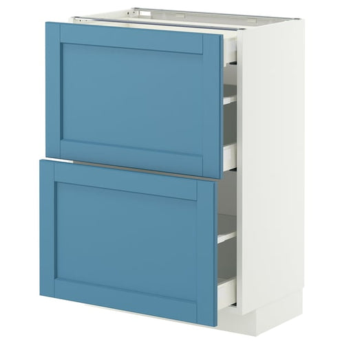 METOD / MAXIMERA base cab with 2 fronts/3 drawers, white/Lerhyttan blue, 60x37 cm