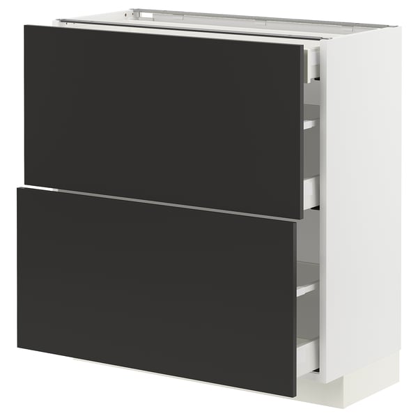 METOD / MAXIMERA base cab with 2 fronts/3 drawers, white/Nickebo matt anthracite, 80x37 cm
