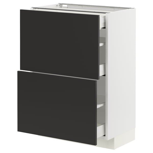 METOD / MAXIMERA base cab with 2 fronts/3 drawers, white/Nickebo matt anthracite, 60x37 cm