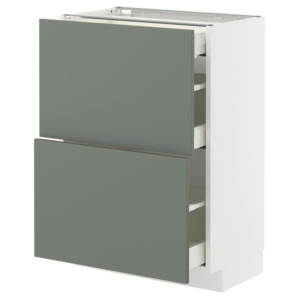 METOD / MAXIMERA base cab with 2 fronts/3 drawers, white/Nickebo matt grey-green, 60x37 cm