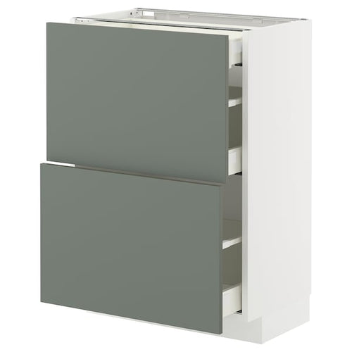 METOD / MAXIMERA base cab with 2 fronts/3 drawers, white/Nickebo matt grey-green, 60x37 cm