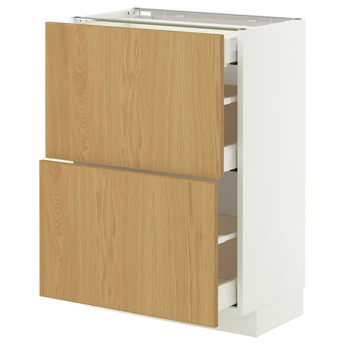METOD / MAXIMERA base cab with 2 fronts/3 drawers, white/Sinarp oak veneer, 60x37 cm