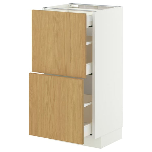 METOD / MAXIMERA base cab with 2 fronts/3 drawers, white/Sinarp oak veneer, 40x37 cm