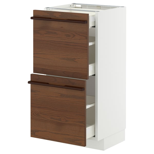 METOD / MAXIMERA - METOD / MAXIMERA Base cab with 2 fronts/3 drawers, white/Stensta dark brown ash veneer, 40x37 cm
