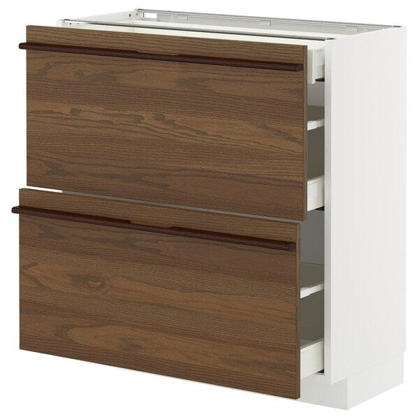 METOD / MAXIMERA - Base cab with 2 fronts/3 drawers, white/Stensta dark brown ash veneer, 80x37 cm