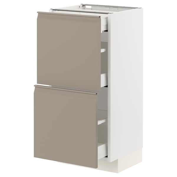 METOD / MAXIMERA - Base cab with 2 fronts/3 drawers, white/Upplöv matt dark beige , 40x37 cm