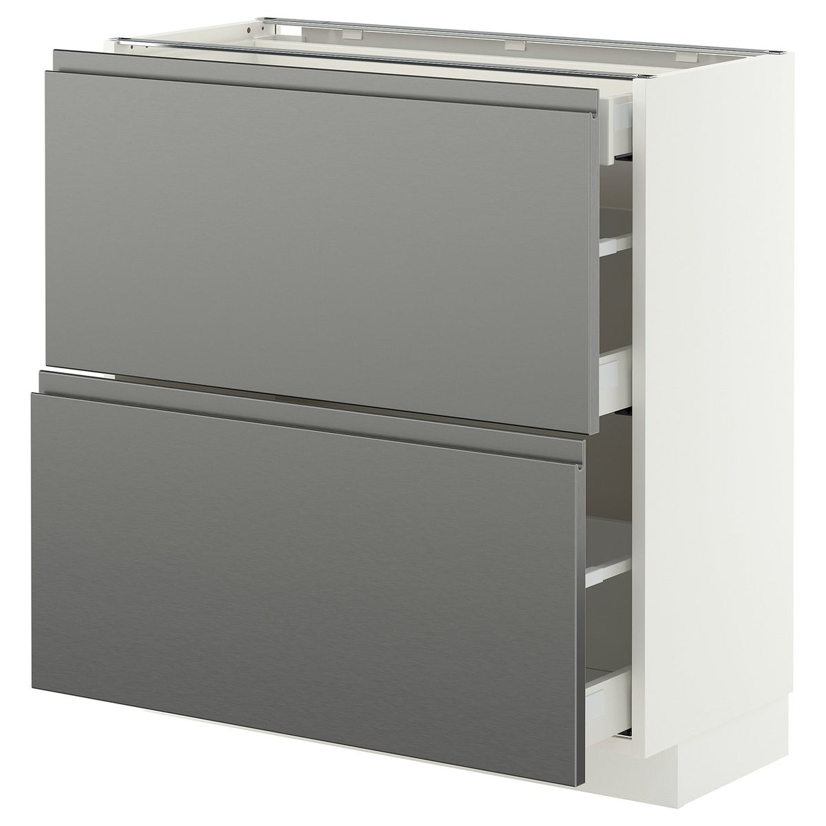 METOD / MAXIMERA base cab with 2 fronts/3 drawers, white/Voxtorp stainless steel effect, 80x37 cm