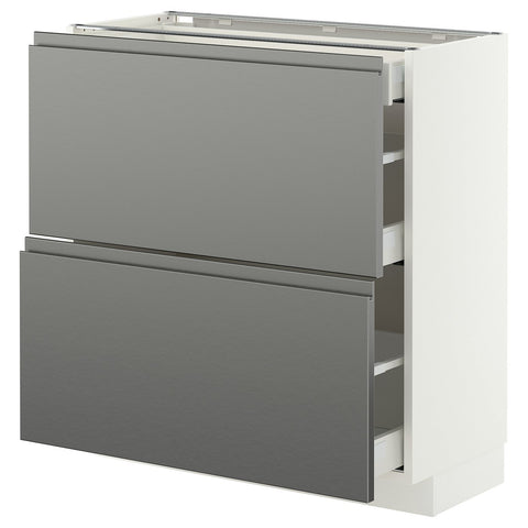 METOD / MAXIMERA base cab with 2 fronts/3 drawers, white/Voxtorp stainless steel effect, 80x37 cm