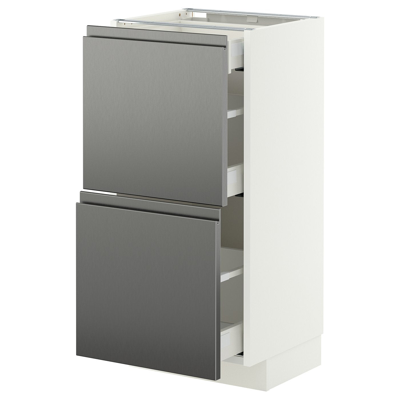 METOD / MAXIMERA base cab with 2 fronts/3 drawers, white/Voxtorp stainless steel effect, 40x37 cm