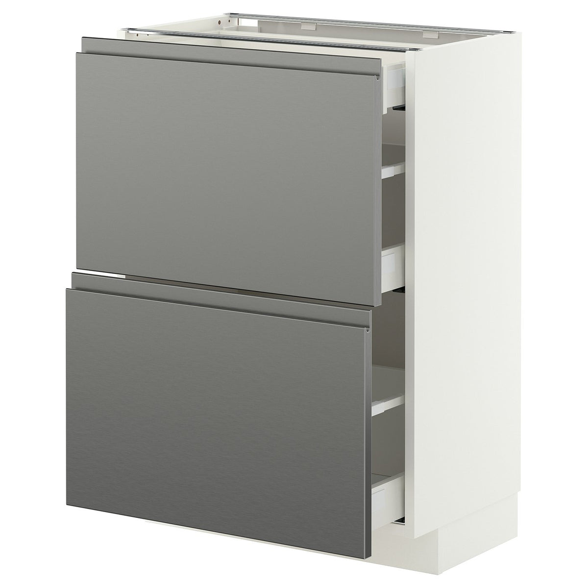 METOD / MAXIMERA base cab with 2 fronts/3 drawers, white/Voxtorp stainless steel effect, 60x37 cm