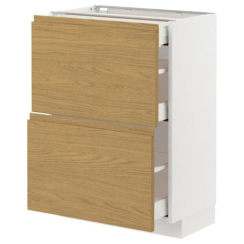METOD / MAXIMERA base cab with 2 fronts/3 drawers, white/Voxtorp oak effect, 60x37 cm