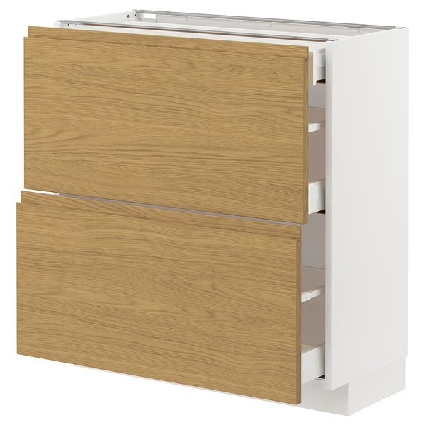 METOD / MAXIMERA base cab with 2 fronts/3 drawers, white/Voxtorp oak effect, 80x37 cm