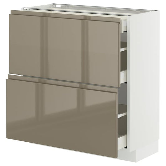 METOD / MAXIMERA - Base cab with 2 fronts/3 drawers, white/Voxtorp high-gloss dark grey-brown, 80x37 cm