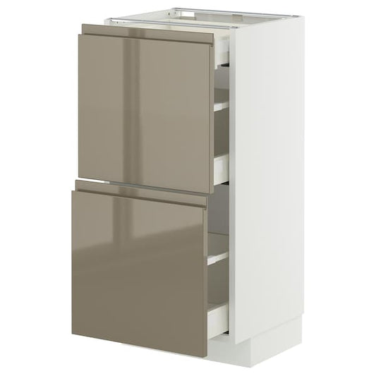 METOD / MAXIMERA - Base cab with 2 fronts/3 drawers, white/Voxtorp high-gloss dark grey-brown, 40x37 cm