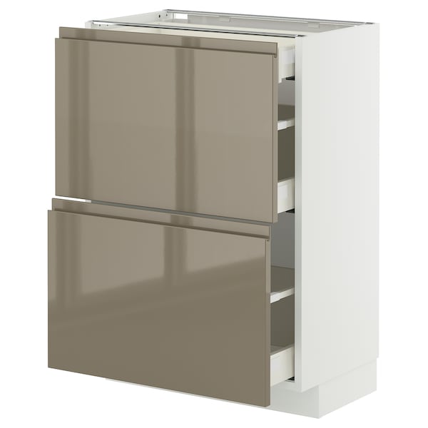METOD / MAXIMERA - Base cab with 2 fronts/3 drawers, white/Voxtorp high-gloss dark grey-brown, 60x37 cm
