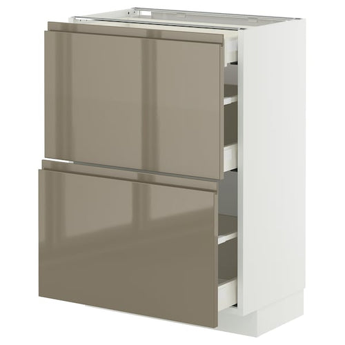 METOD / MAXIMERA base cab with 2 fronts/3 drawers, white/Voxtorp high-gloss dark grey-brown, 60x37 cm
