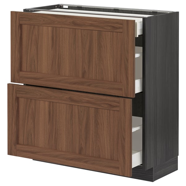 METOD / MAXIMERA base cab with 2 fronts/3 drawers, black Enköping/brown walnut effect