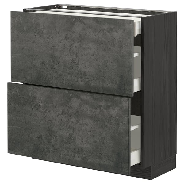 METOD / MAXIMERA base cab with 2 fronts/3 drawers, black/Kalhyttan dark grey concrete effect