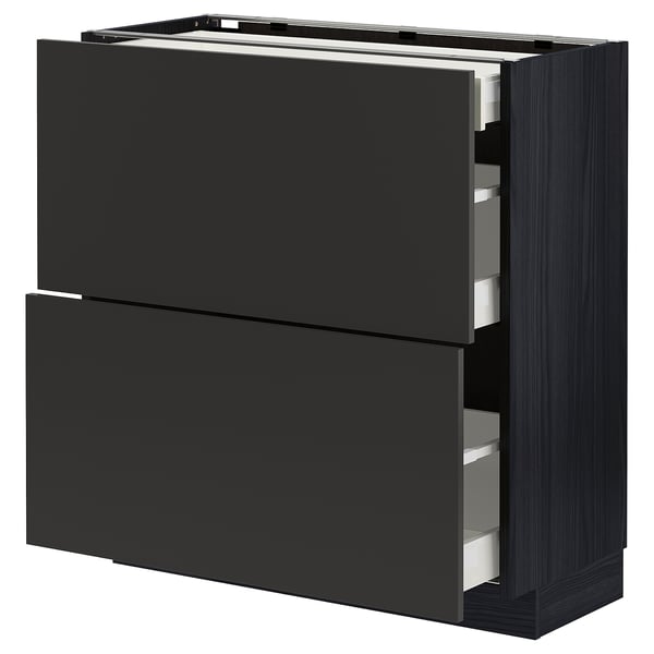 METOD / MAXIMERA base cab with 2 fronts/3 drawers, black/Nickebo matt anthracite