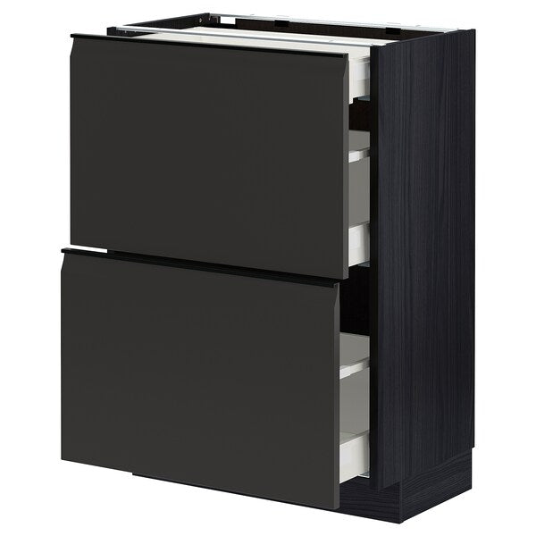 METOD / MAXIMERA - Base cab with 2 fronts/3 drawers, black/Upplöv matt anthracite , 60x37 cm