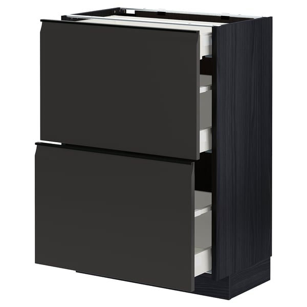 METOD / MAXIMERA base cab with 2 fronts/3 drawers, black/Upplöv matt anthracite, 60x37 cm
