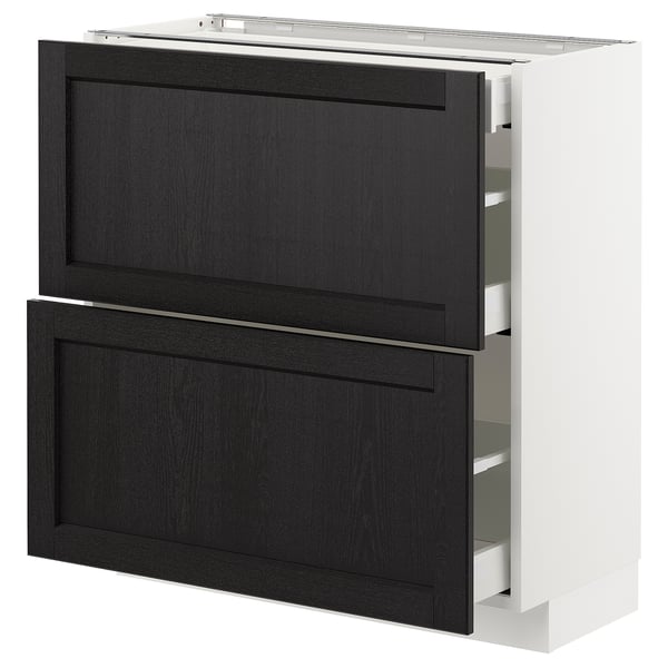 METOD / MAXIMERA - Base cab with 2 fronts/3 drawers, white/Lerhyttan black stained , 80x37 cm