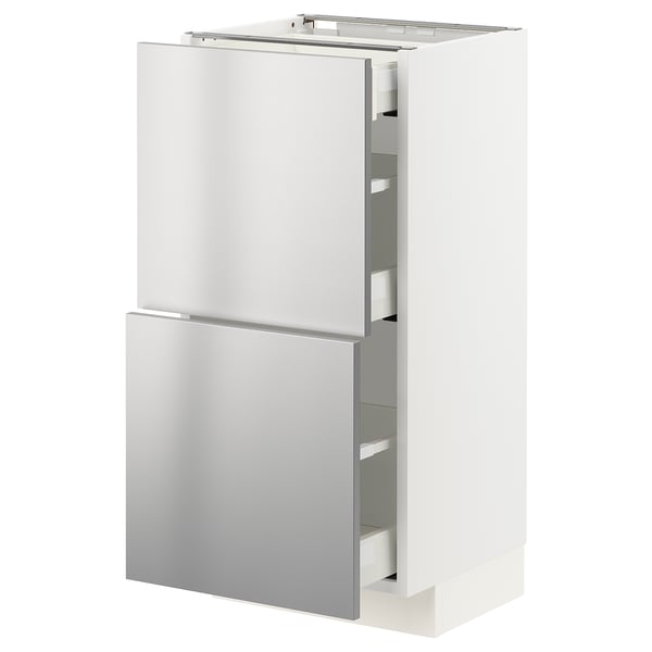 METOD / MAXIMERA base cab with 2 fronts/3 drawers, white/Vårsta stainless steel, 40x37 cm