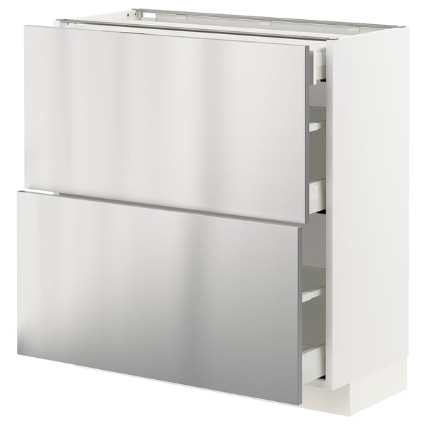 METOD / MAXIMERA - METOD / MAXIMERA Base cab with 2 fronts/3 drawers, white/Vårsta stainless steel, 80x37 cm