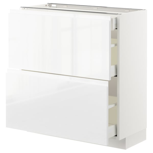 METOD / MAXIMERA base cab with 2 fronts/3 drawers, white/Voxtorp high-gloss/white, 80x37 cm