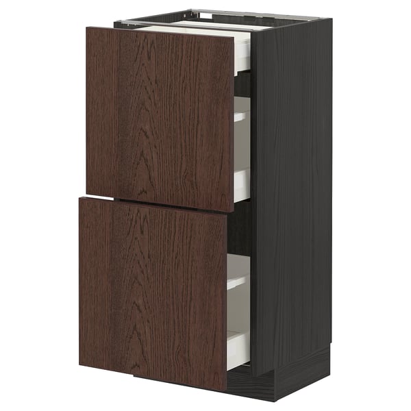 METOD / MAXIMERA - METOD / MAXIMERA Base cab with 2 fronts/3 drawers, black/Sinarp brown, 40x37 cm