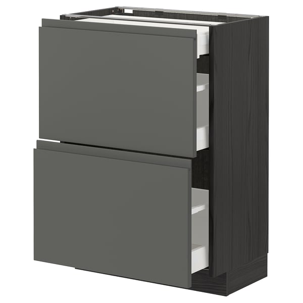 METOD / MAXIMERA base cab with 2 fronts/3 drawers, black/Voxtorp dark grey, 60x37 cm