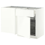 METOD / MAXIMERA corner base cab w drawer and p-out, white/Aspudden matt white, 128x68 cm