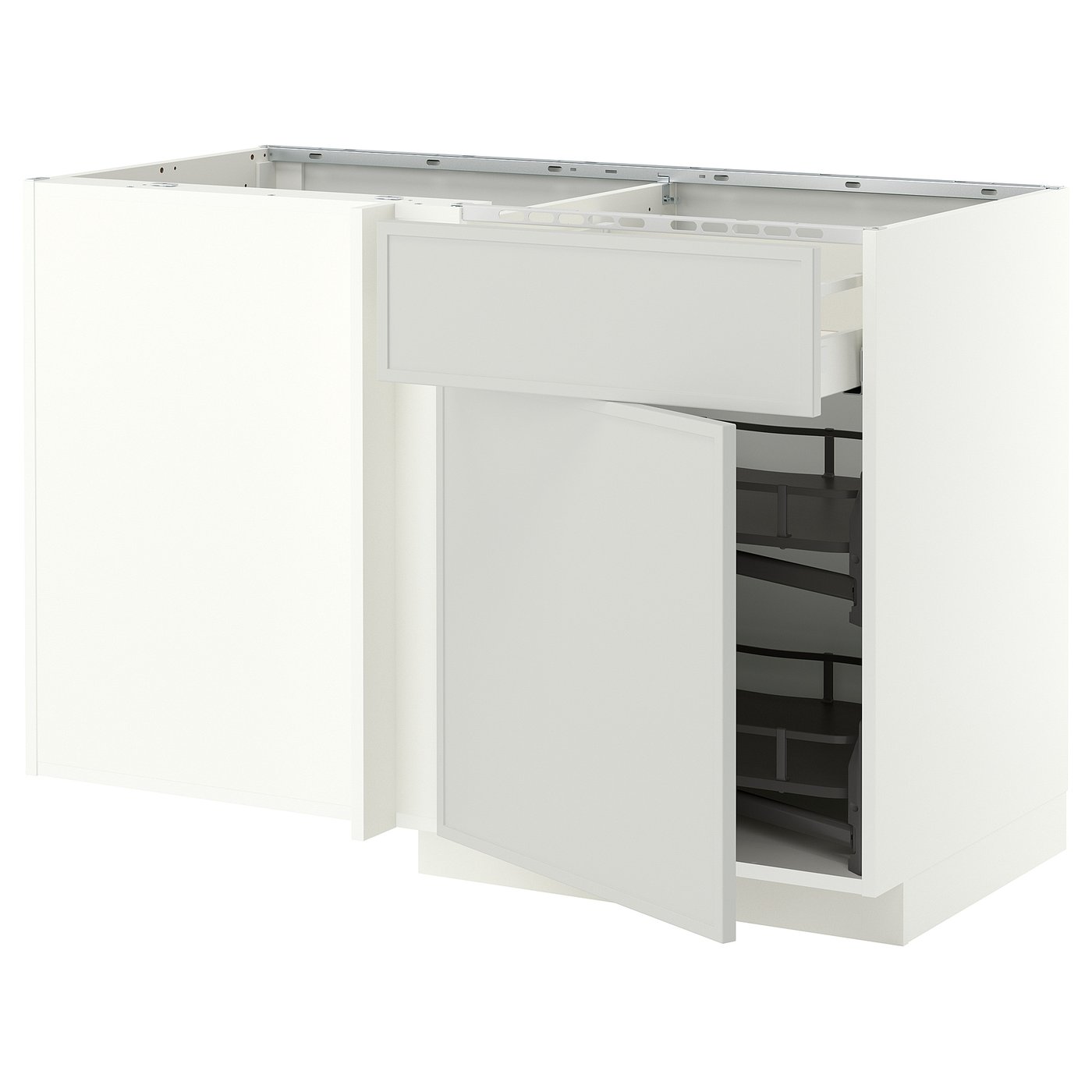 METOD / MAXIMERA corner base cab w drawer and p-out, white/Aspudden light grey, 128x68 cm