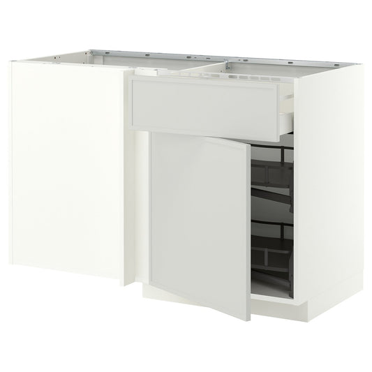 METOD / MAXIMERA corner base cab w drawer and p-out, white/Aspudden light grey, 128x68 cm