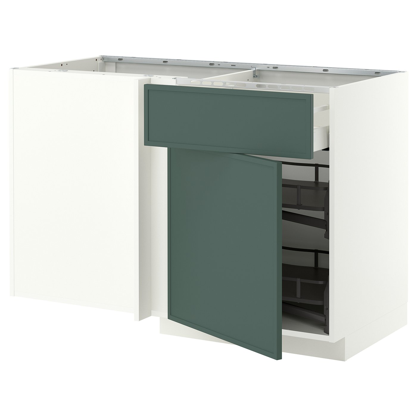 METOD / MAXIMERA corner base cab w drawer and p-out, white/Aspudden dark grey-green, 127.5x80.0x67.5 cm