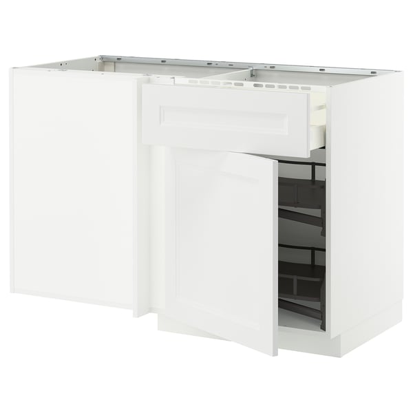 METOD / MAXIMERA corner base cab w drawer and p-out, white/Axstad matt white, 128x68 cm